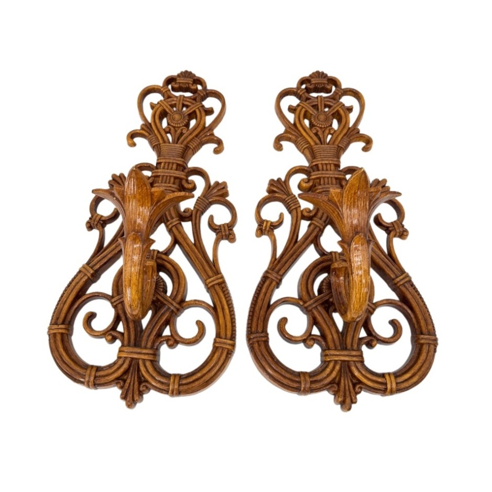 Dart Ind Wall Sconce PAIR Faux Wood‎ Scroll Hollywood Regency MCM Retro Decor